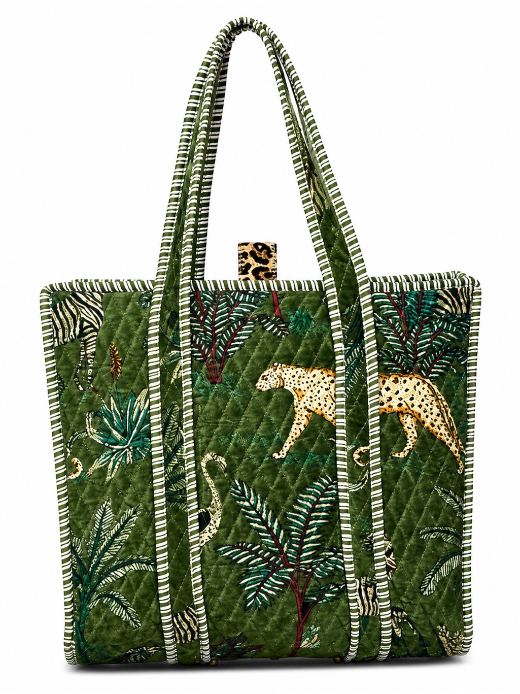 Pol Green Quilted Tote With Jungle & Leopard Print. Selling Fast